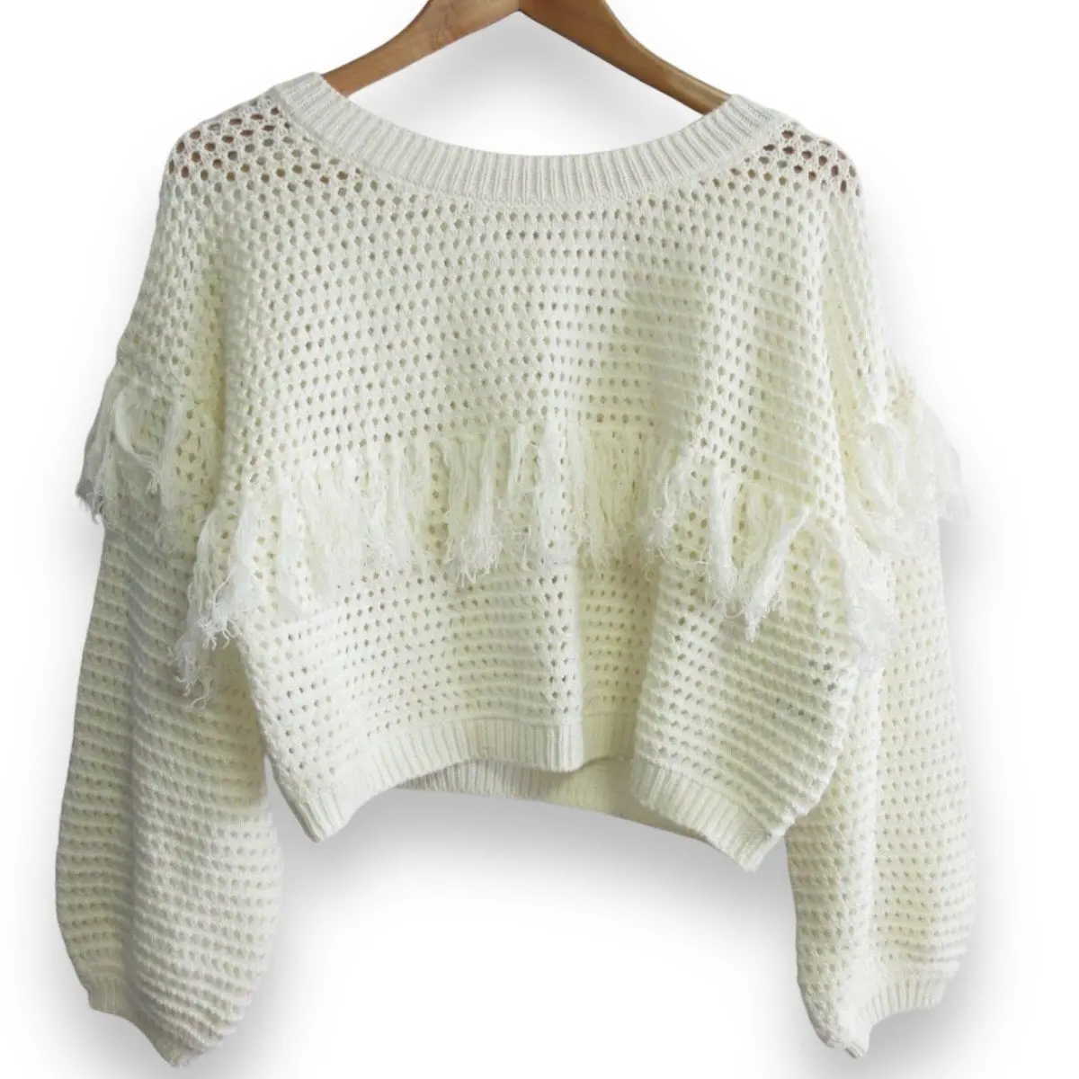 Gypsohila ジプソフィア Waffle Knit 長袖 ショート丈 フリンジ クロシェ ローゲージ ワッフルニット セーター F ホワイト