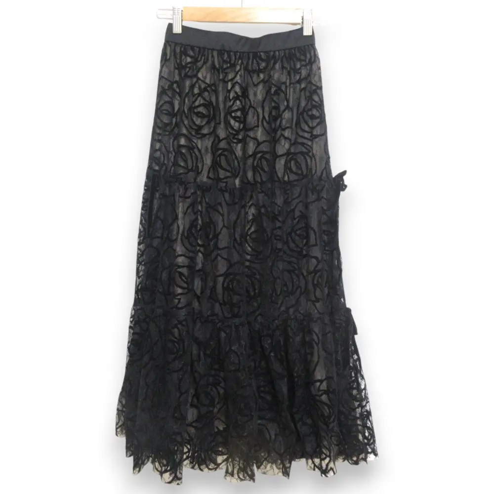 22AW Herlipto ハーリップトゥ rosa lace tiered skirt フロッキー加工 ロング丈 イージー ティアード チュールスカート S ブラック