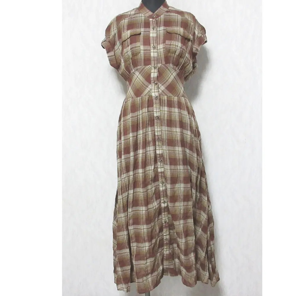 Her lip to ハーリップトゥ Cotton-Blend Voile Shirt Dress チェック柄 フレンチスリーブ ロングワンピース 1213305006 S ブラウン