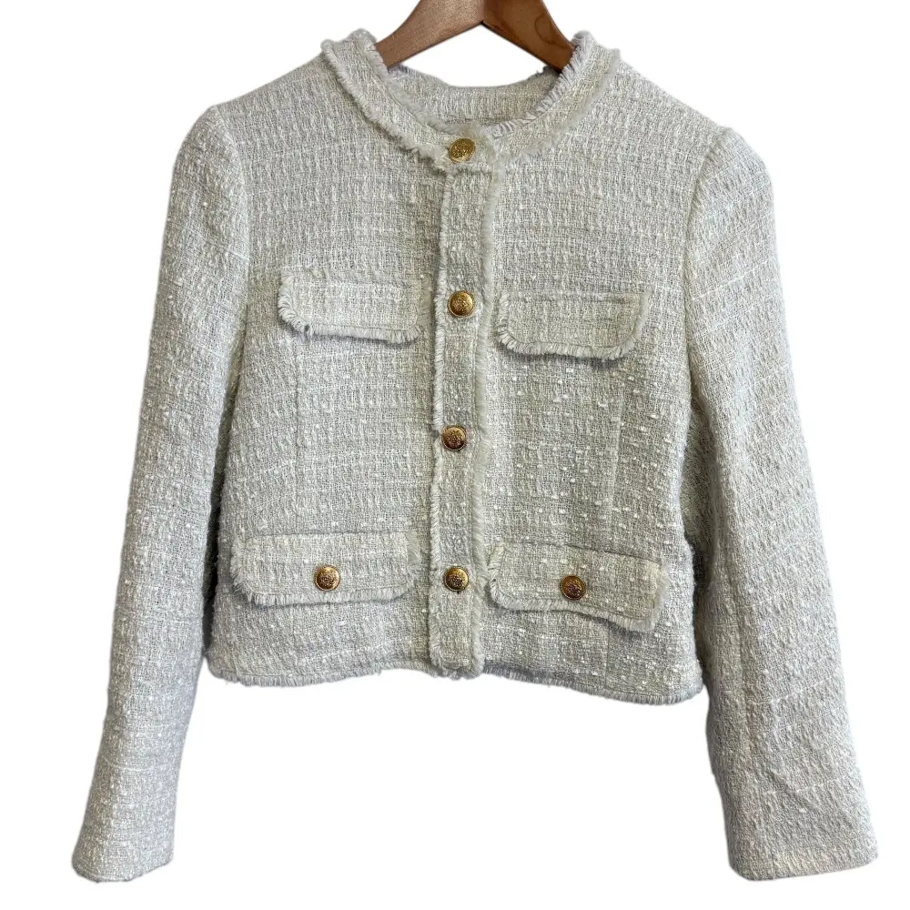 Herlipto ハーリップトゥ Spring Tweed Jacket ツイードノーカラージャケット M アイボリー