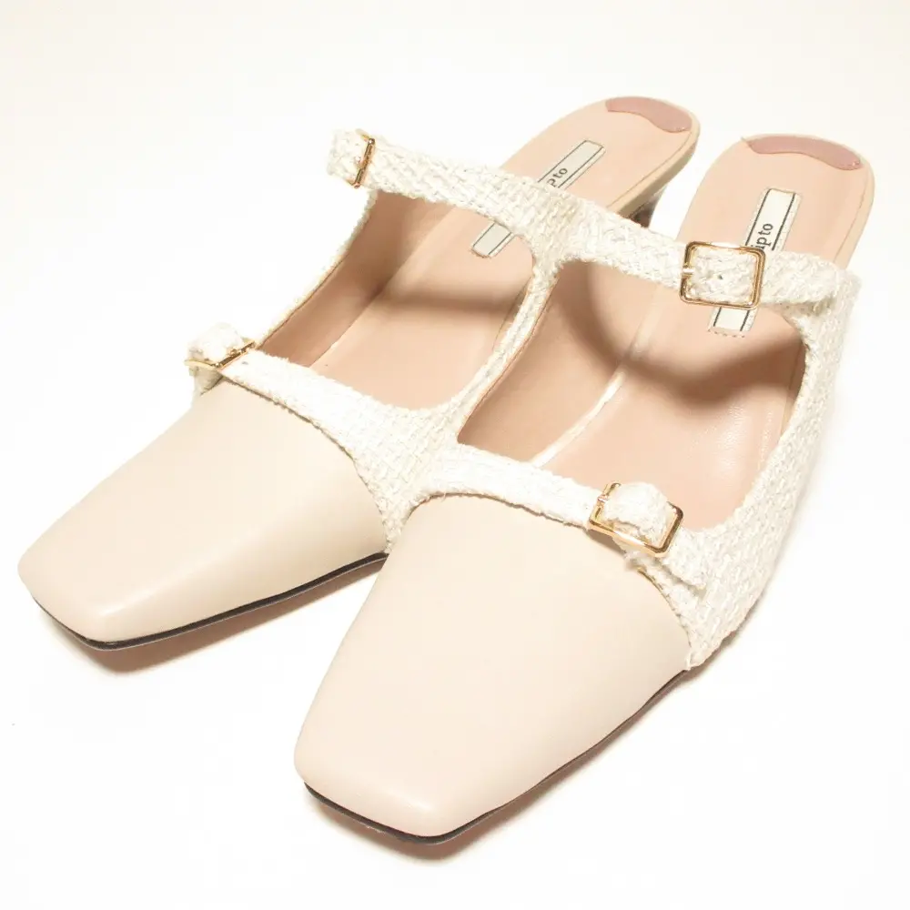 Her lip to ハーリップトゥ Mademoiselle Mules ツイードコンビ スクエアトゥ ミュール サンダル 38 24.5cm相当 ベージュ