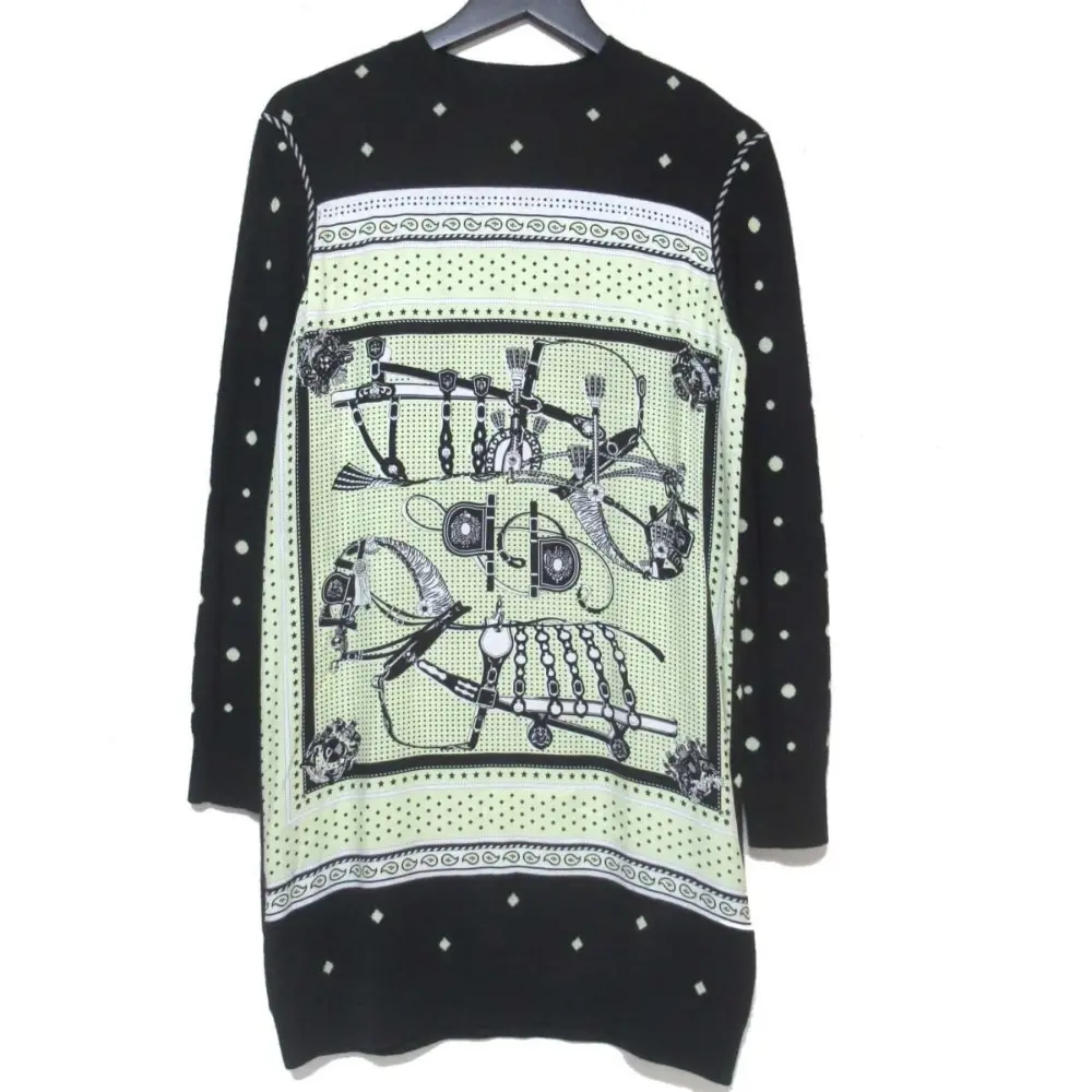 22AW HERMES エルメス ツイルレーヌ HARNAIS DE COUR カシミヤシルク ニット×シルク地 切り替え ドレス ワンピース 34 ブラック