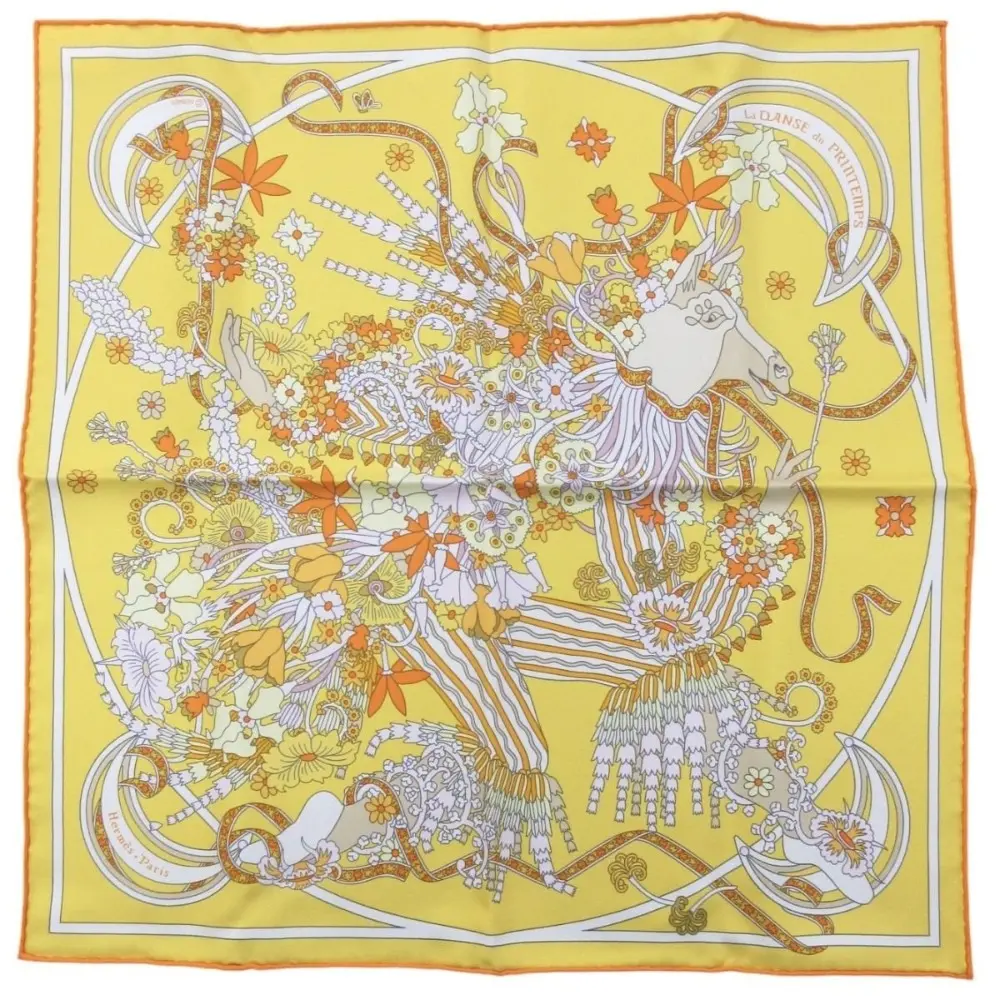 24SS HERMES エルメス ガヴロッシュ カレ45《春の舞》シルク100% スカーフ イエロー