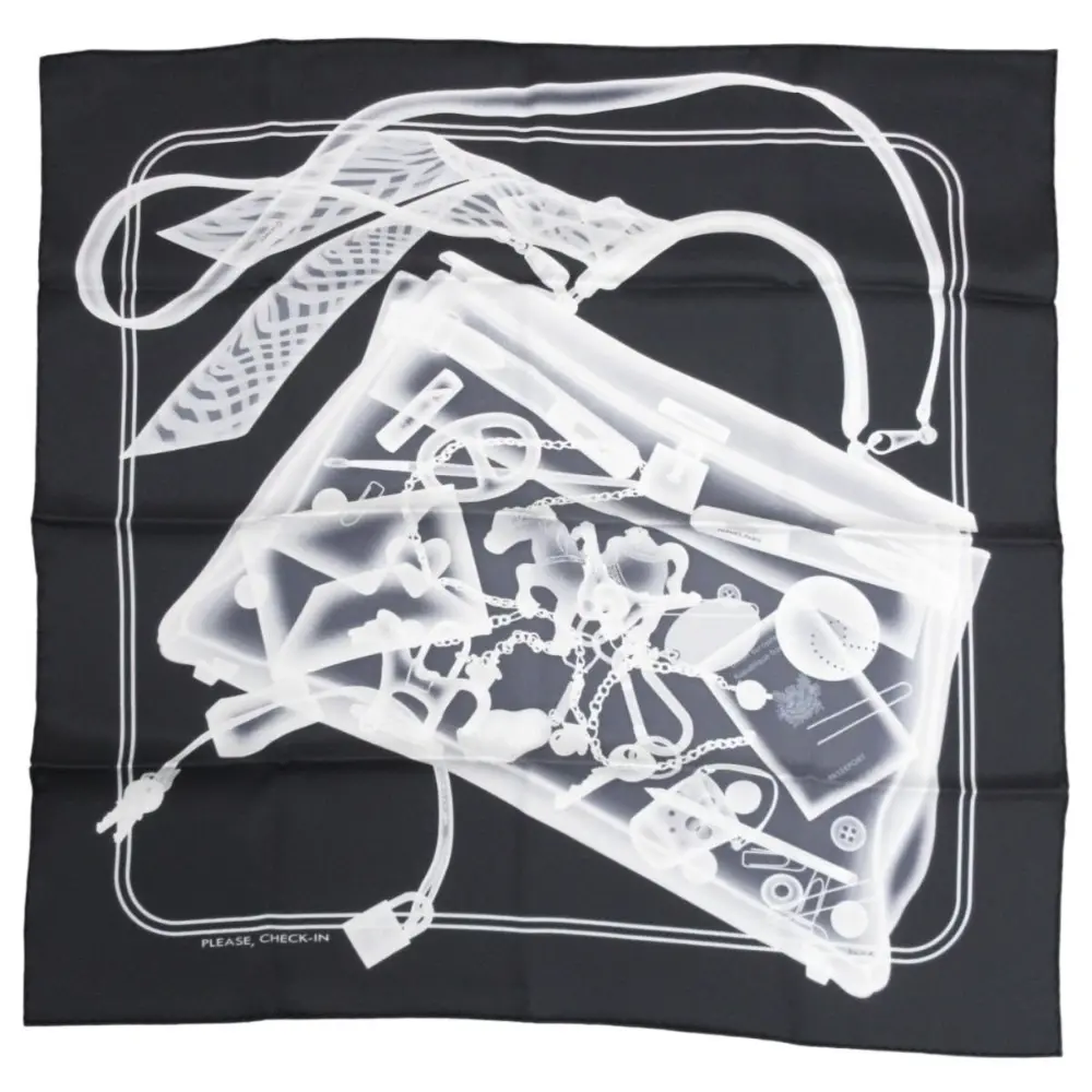 HERMES エルメス 20SS限定 カレ65 PLEASE CHECK-IN スカーフ シルク100% ブラック