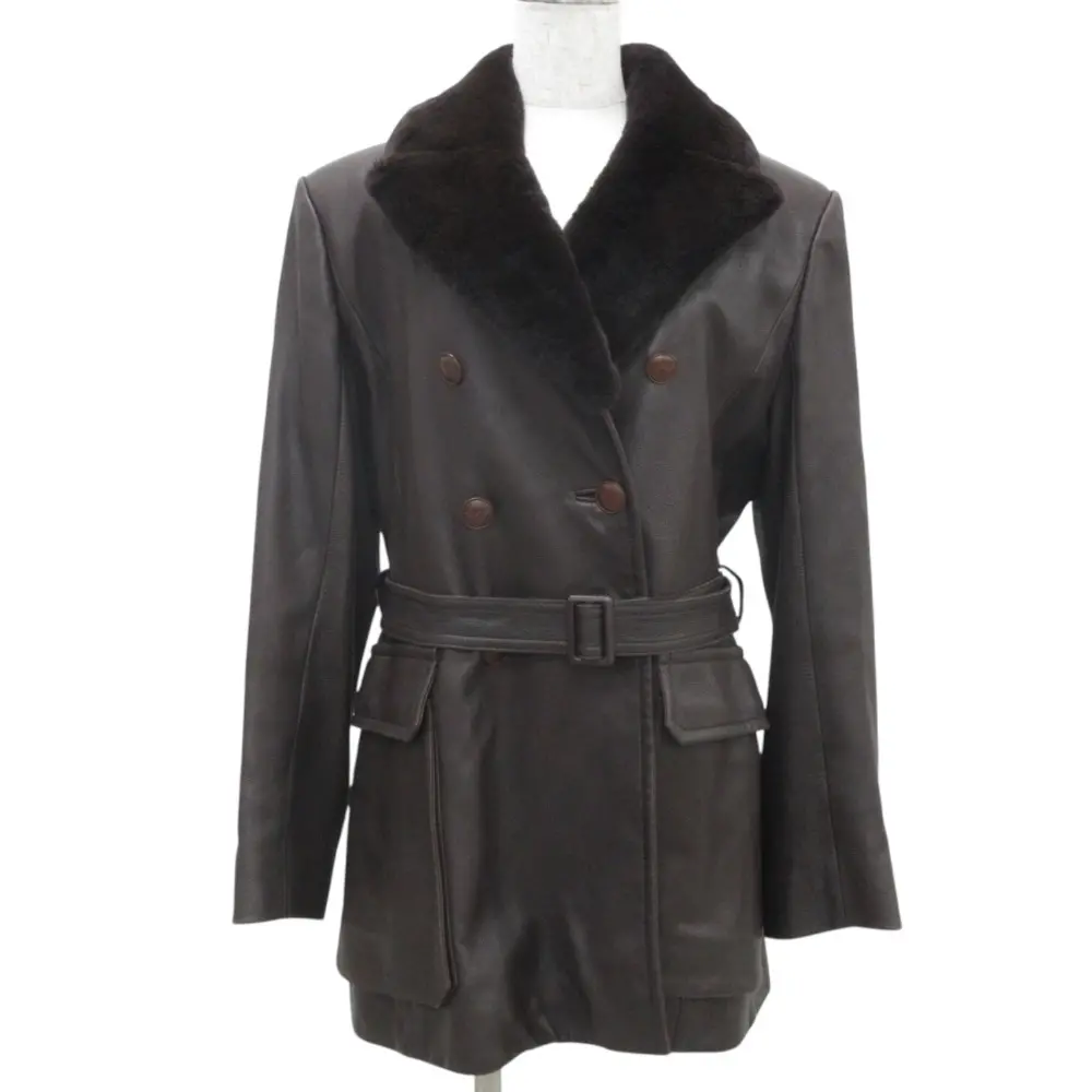 Hermes エルメス シェアードミンクファー付き ディアスキン ダブルブレスト レザーコート 42 ダークブラウン