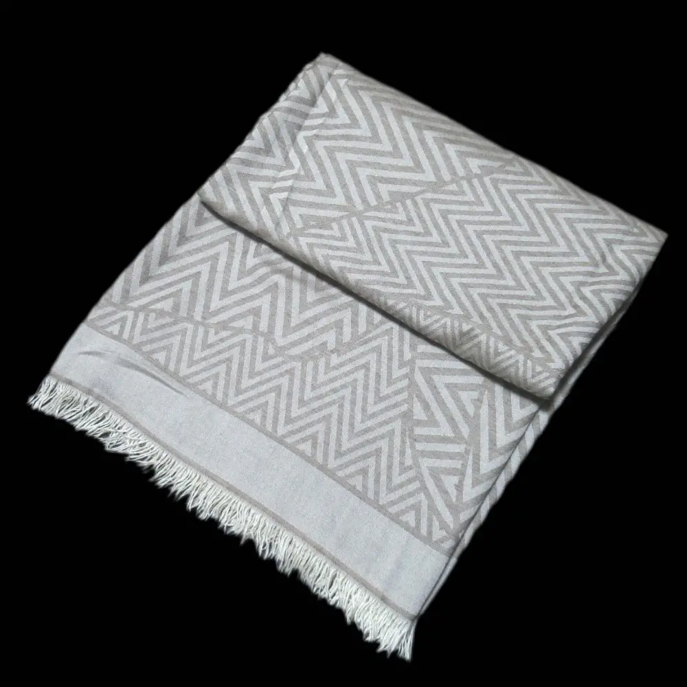 HERMES エルメス 総柄 シェブロン ジャガード カシミヤ シルクブレンド フリンジ 大判ストール ショール ベージュ系