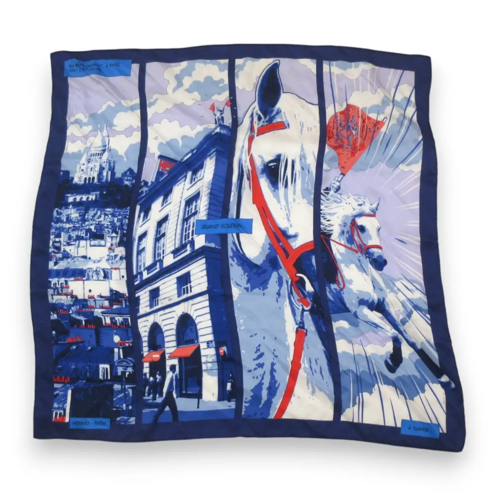 HERMES エルメス カレ70 QUAND SOUDAIN その時、突然！ シルク100％ スカーフ ブルー系