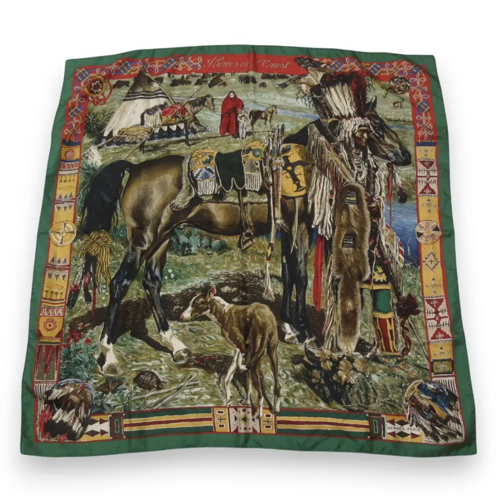 HERMES エルメス カレ90 Les Cheyennes シャイアン族 シルク100％ 大判スカーフ グリーン系