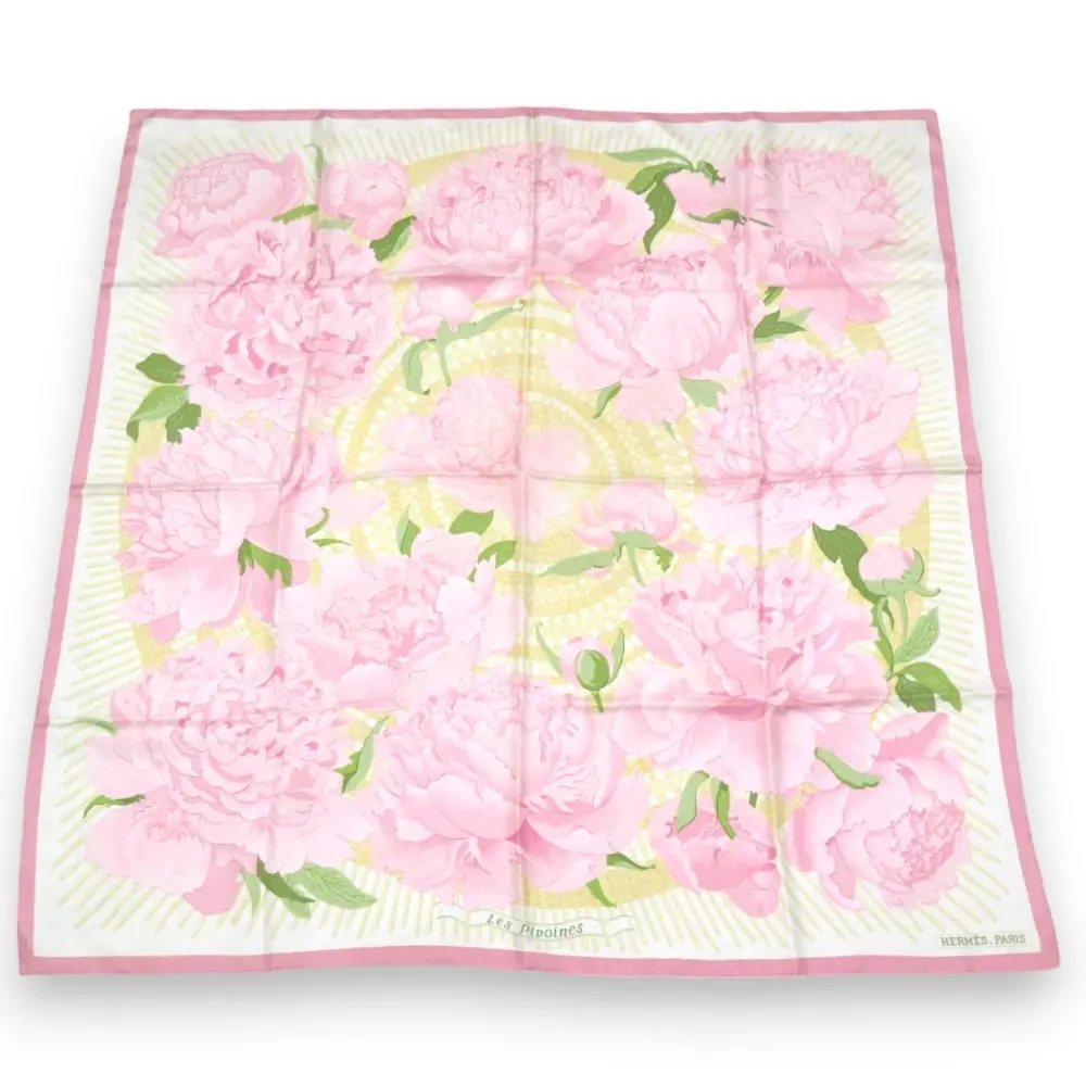 HERMES エルメス カレ90 Les pivoines 芍薬 シャクヤク シルク 大判スカーフ ピンク系