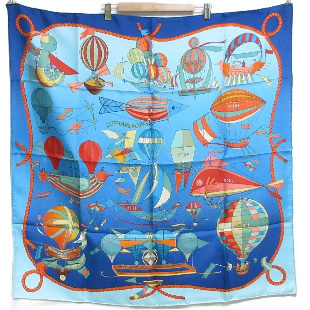 HERMES エルメス カレ90  PAZ UNIVERSAL 気球柄 シルク100％ スカーフ ブルー系 マルチカラー