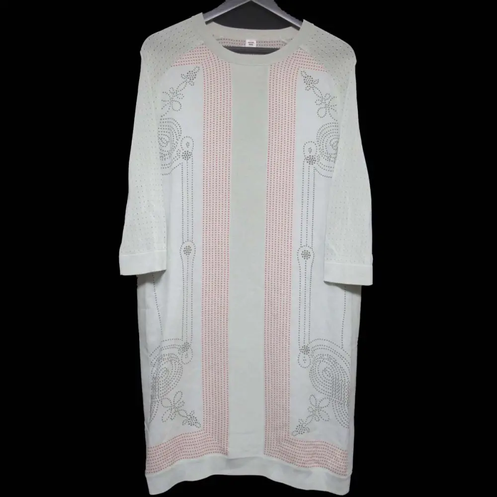 20SS HERMES エルメス ツイルレーヌ 七分袖 ひざ丈 シルク×ニット パンチングスリーブ ドレス ワンピース 42サイズ ライトグレー系