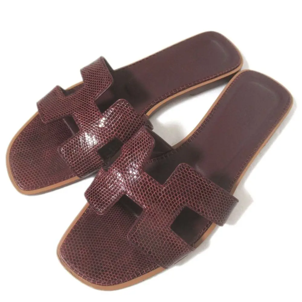HERMES エルメス Oran オラン リザードレザー Hモチーフ フラット サンダル 39サイズ 24.5cm相当 バーガンディ