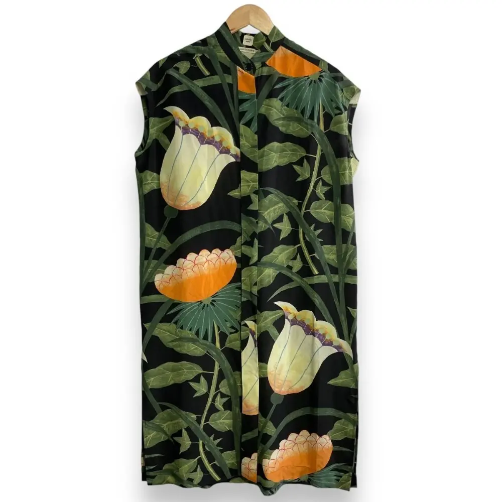 HERMES エルメス 14SS Collection Look ボタニカル柄 シルク100％ フレンチスリーブ 比翼仕立て シャツワンピース 34 マルチカラー