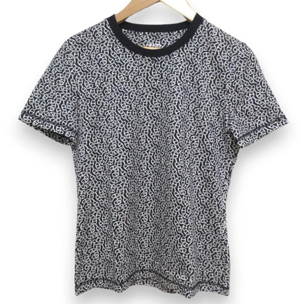 24SS HERMES エルメス シェーヌダンクル 総柄 クルーネック 半袖 Tシャツ カットソー サイズ38 ブラック×ホワイト