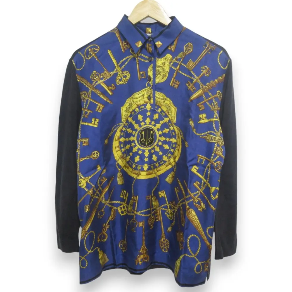 HERMES エルメス LES CLES ツイルレーヌ シルク×ウール ニット切替 ハーフボタン 長袖 シャツ ブラウス XL ブルー系
