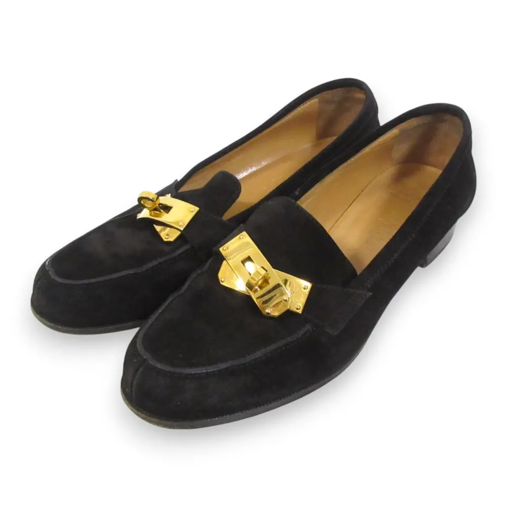 HERMES エルメス ケリー金具 スエードレザー ローファー シューズ 36 約23cm ブラック×ゴールド金具
