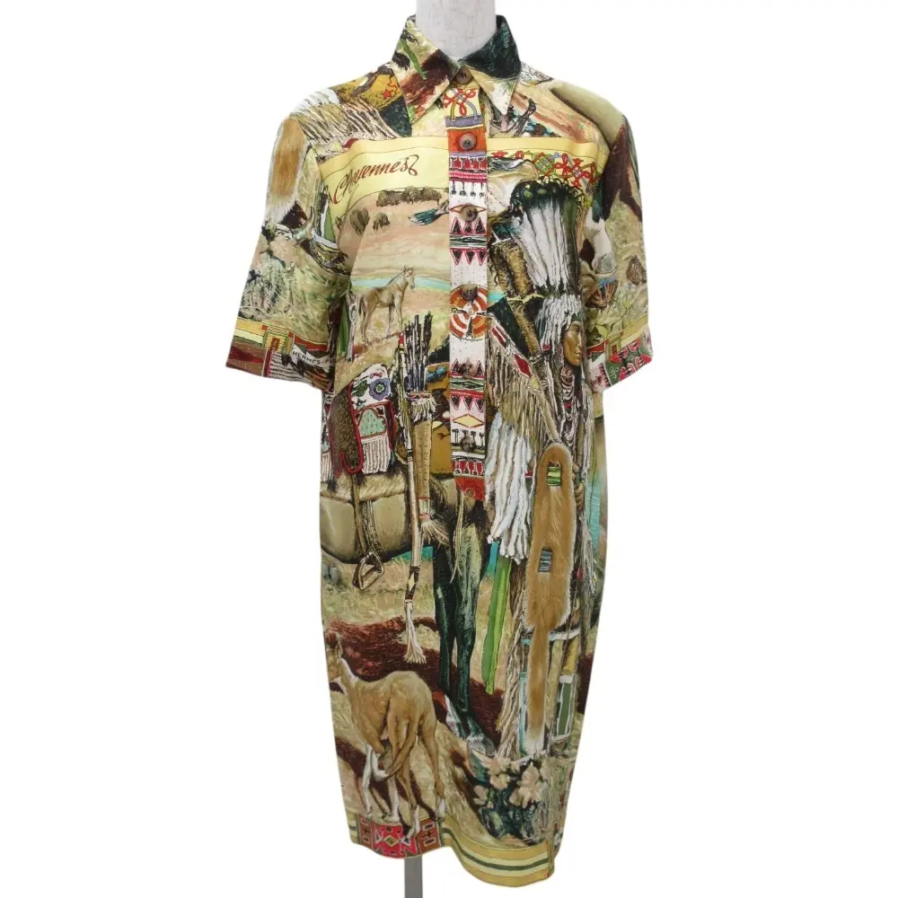 HERMES エルメス シャイアン族 カーミットオリヴァー シルク100% 半袖 シャツワンピース 36 マルチカラー