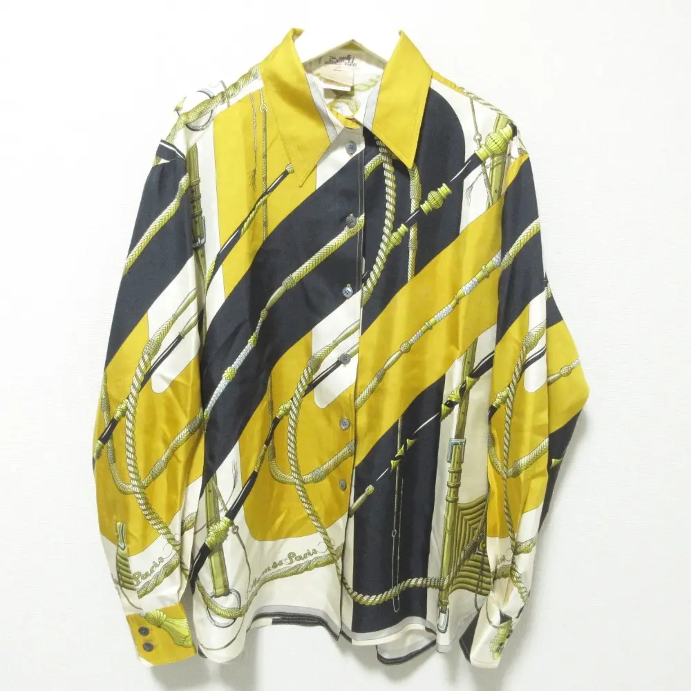 クリーニング済 HERMES エルメス clic clac カレ シルク100% 長袖 シャツ ブラウス 42 ブラック×イエロー