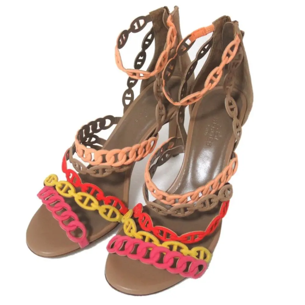 HERMES エルメス スエード レザー ロマンツァ シェーヌダンクル アンクルストラップ サンダル 37 24cm相当 マルチカラー