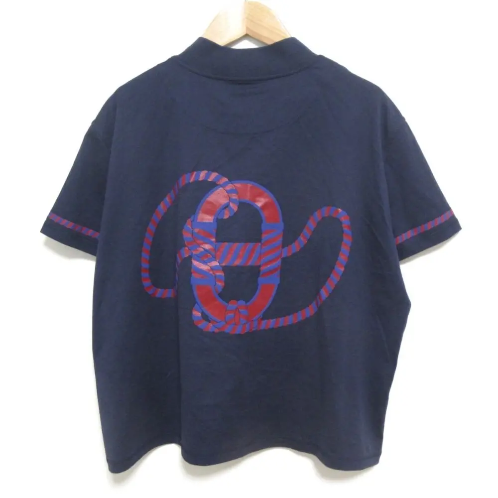 23SS HERMES エルメス Canoe カノエ シェーヌダンクル バックプリント ハイネック 半袖 Tシャツ カットソー サイズ34 ネイビー