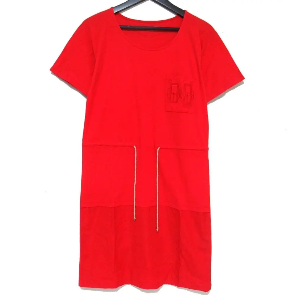 クリーニング済 HERMES エルメス ひざ上丈 胸ポケット刺繍 ウエストドローコード ドレス ワンピース 36サイズ レッド
