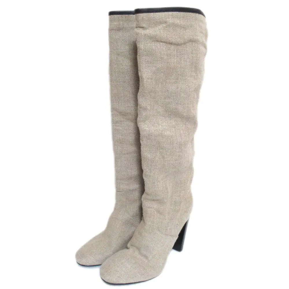 HERMES エルメス リネンキャンバス レザーパイピング ハイヒール ロングブーツ 38.5 25.5cm ベージュ×ブラック