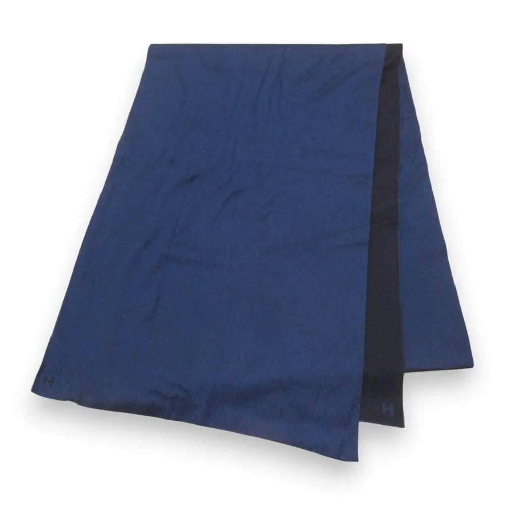 HERMES エルメス アレ ルトゥール カシミヤ×シルク Hロゴ リバーシブル ストール ネイビー×ダークネイビー