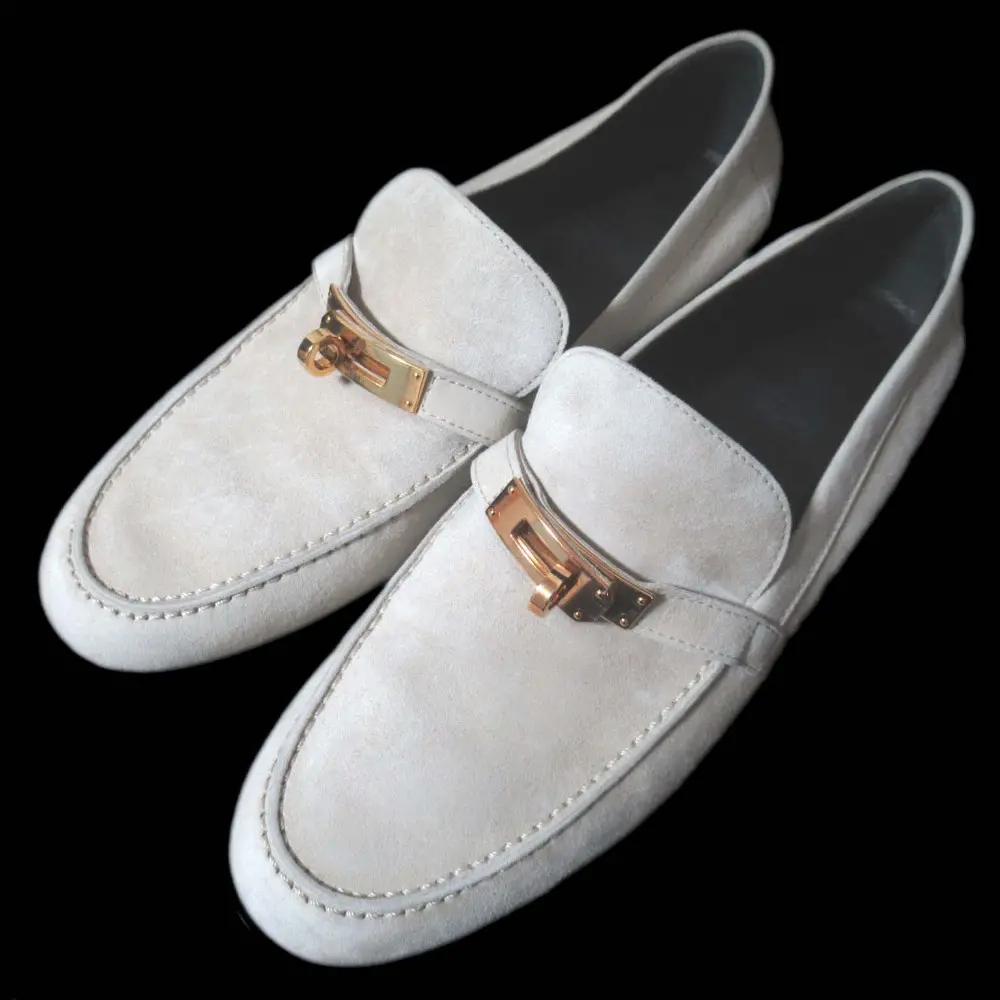 HERMES エルメス デスタン スエード レザー ケリーローファー ドレスシューズ 38サイズ 25cm ベージュ×ゴールド金具