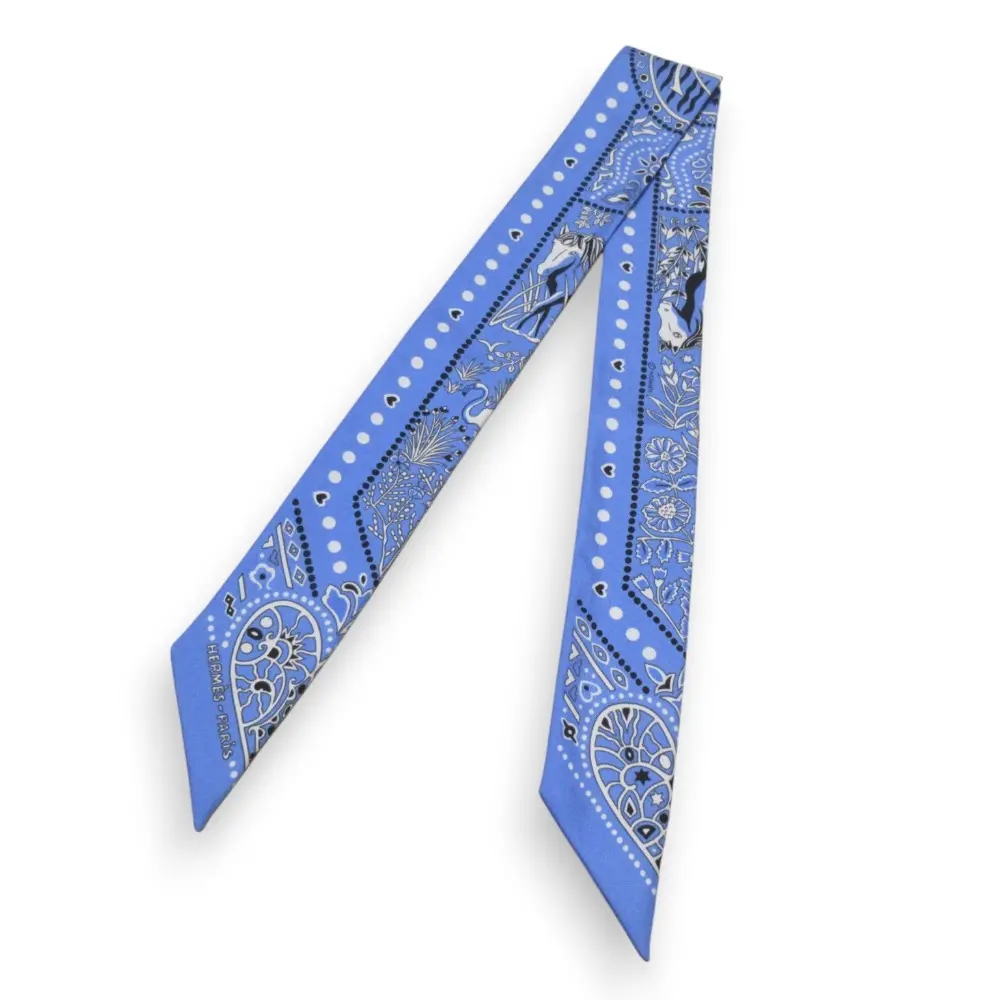 HERMES エルメス Entre Ciel et mer Bandana 空と海の間 シルク100％ ツイリースカーフ ブルー系×ホワイト
