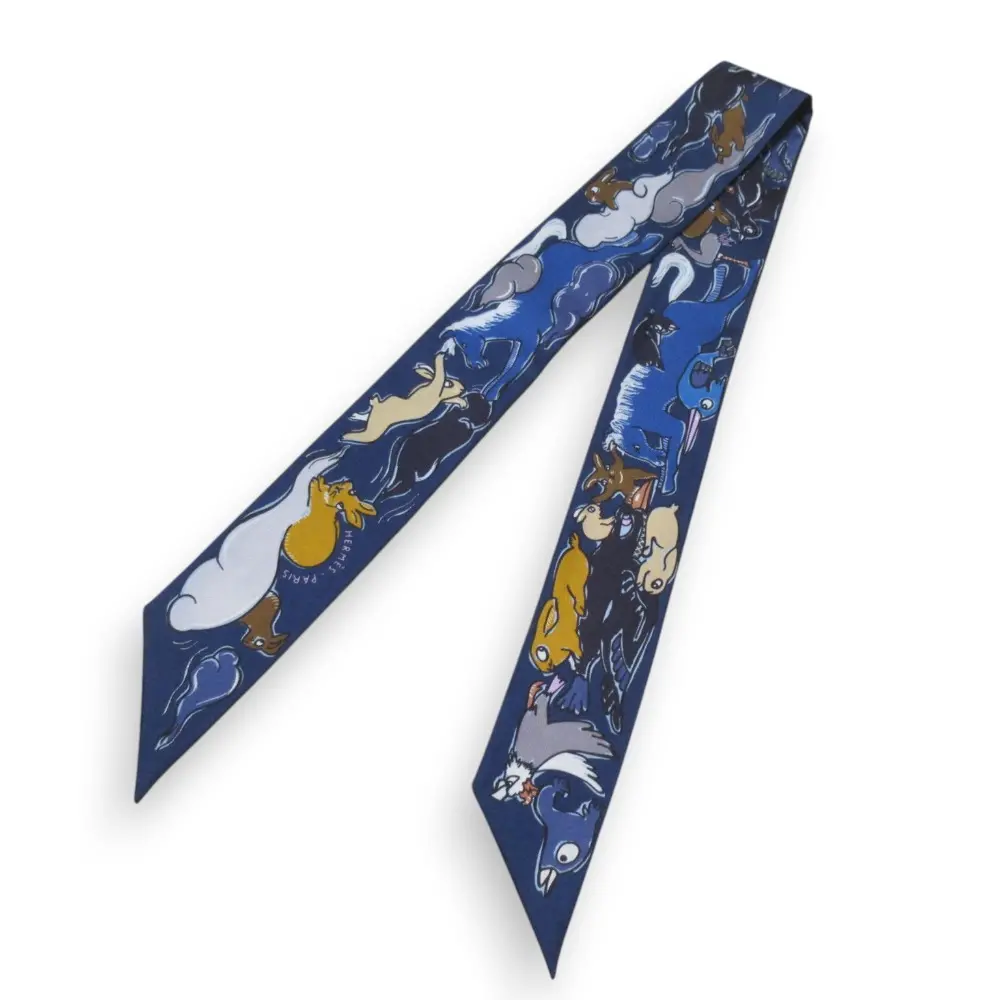 23AW HERMES エルメス MILLE ET UN LAPINS 千と一のうさぎ シルク100％ ツイリースカーフ ネイビー系 マルチカラー