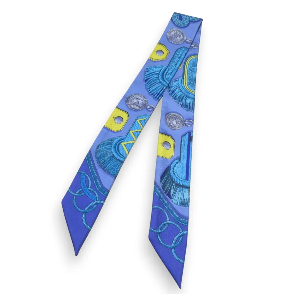 HERMES エルメス Epaulettes 肩章 シルク100％ ツイリースカーフ ブルー系マルチカラー