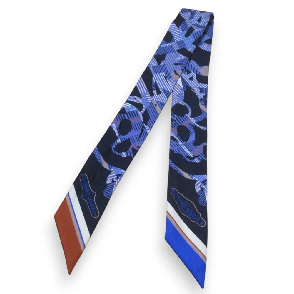 HERMES エルメス CAVALCADOUR カヴァルカドゥール モーニング シルク100％ ツイリー リボンスカーフ ネイビー系