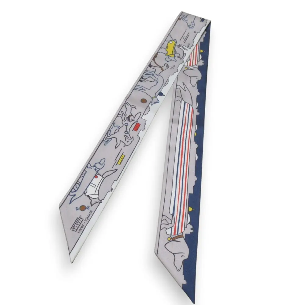 24SS HERMES エルメス Les Chiens Parisiens パリジャンの犬 シルク100％ ツイリースカーフ グレー系マルチカラー