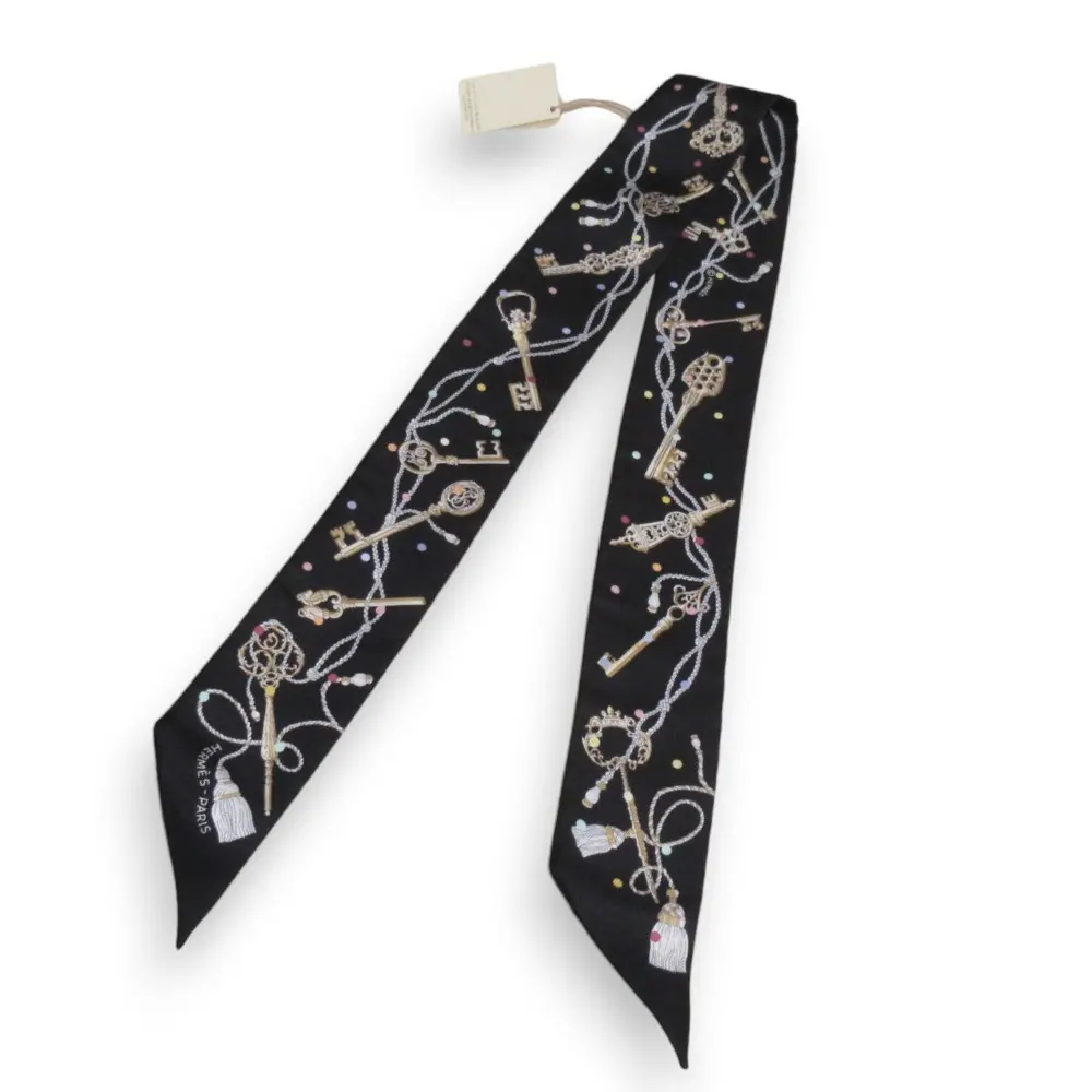 22AW HERMES エルメス Les Cles a Pois レクレアポア シルク100％ ツイリースカーフ ブラック系マルチカラー