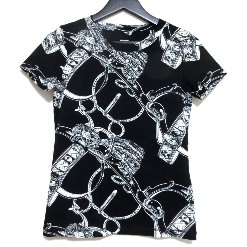 HERMES エルメス BRIDE de COUR プリント 半袖 ショートスリーブ Tシャツ カットソー 34サイズ ブラック×ホワイト