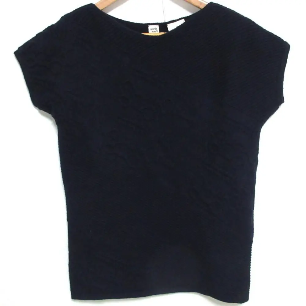 HERMES エルメス ウール100％ ジャガード 半袖 プルオーバー ニット カットソー セーター 34 ネイビー