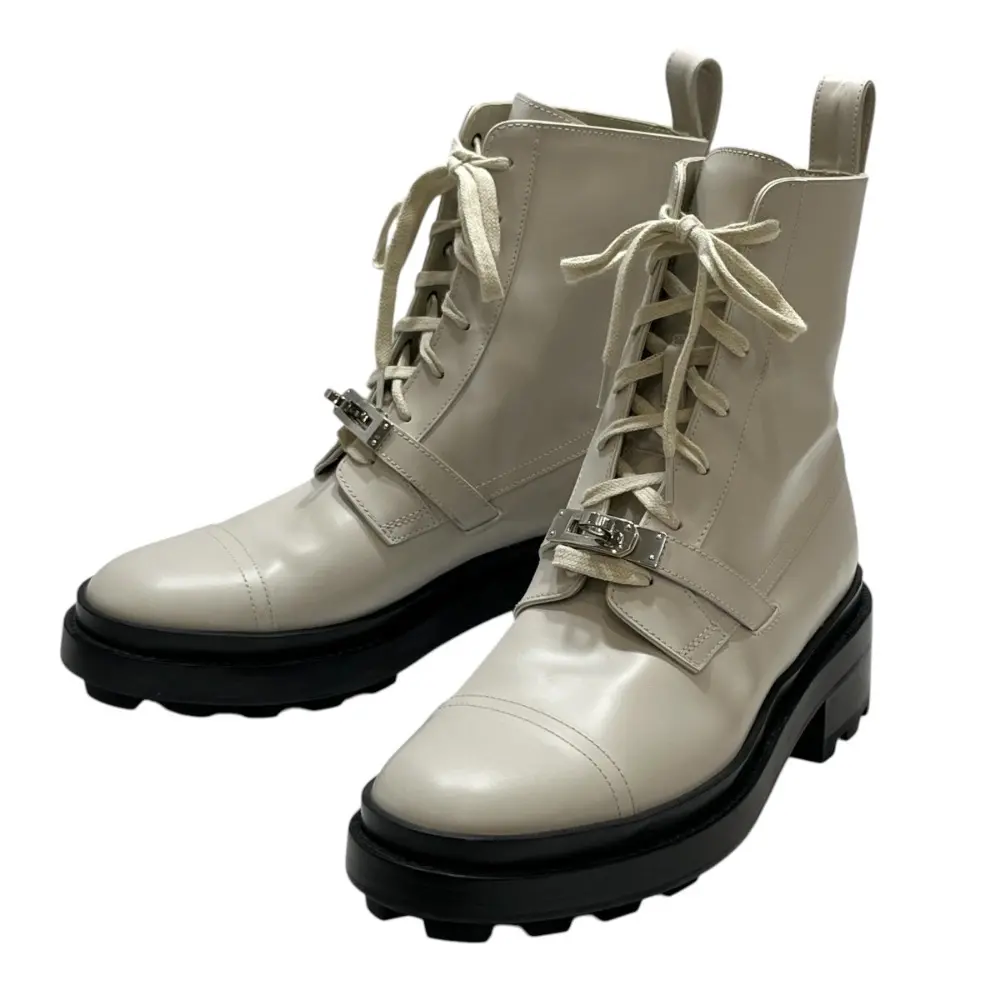 HERMES エルメス Funk Ankle Boot ケリーベルト ファンク ショートブーツ 37.5 24.5cm相当 シルバー金具 ベージュ グレーズ