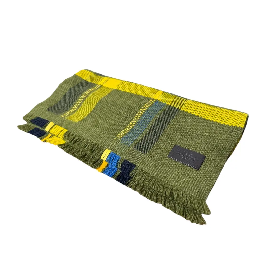 HERMES エルメス チェック柄 カシミヤ100％ フリンジ ロングマフラー ストール カーキ