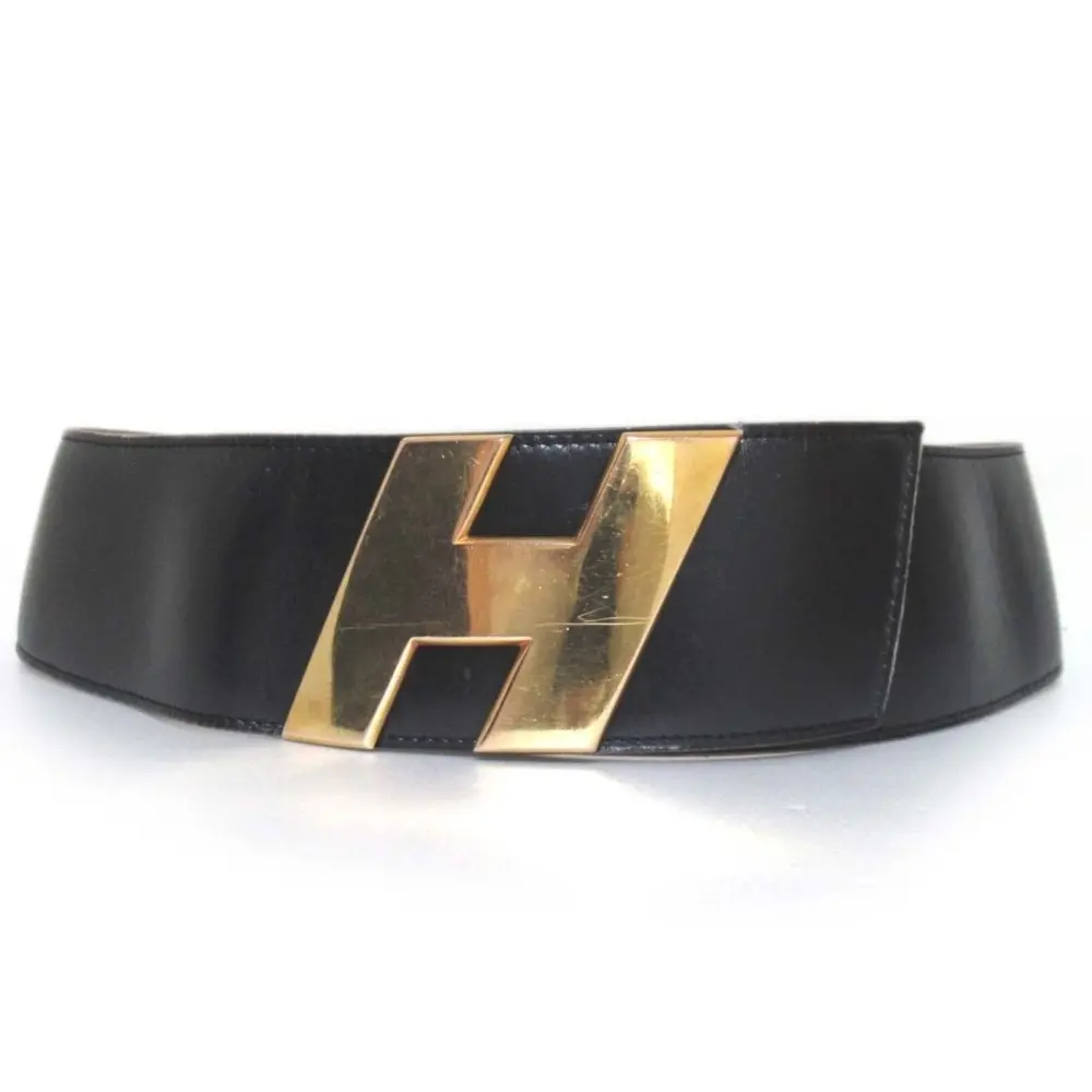HERMES エルメス 1973年製 ヴィンテージ C刻印 Hバックル レザー ワイド ベルト ブラック×ゴールド金具