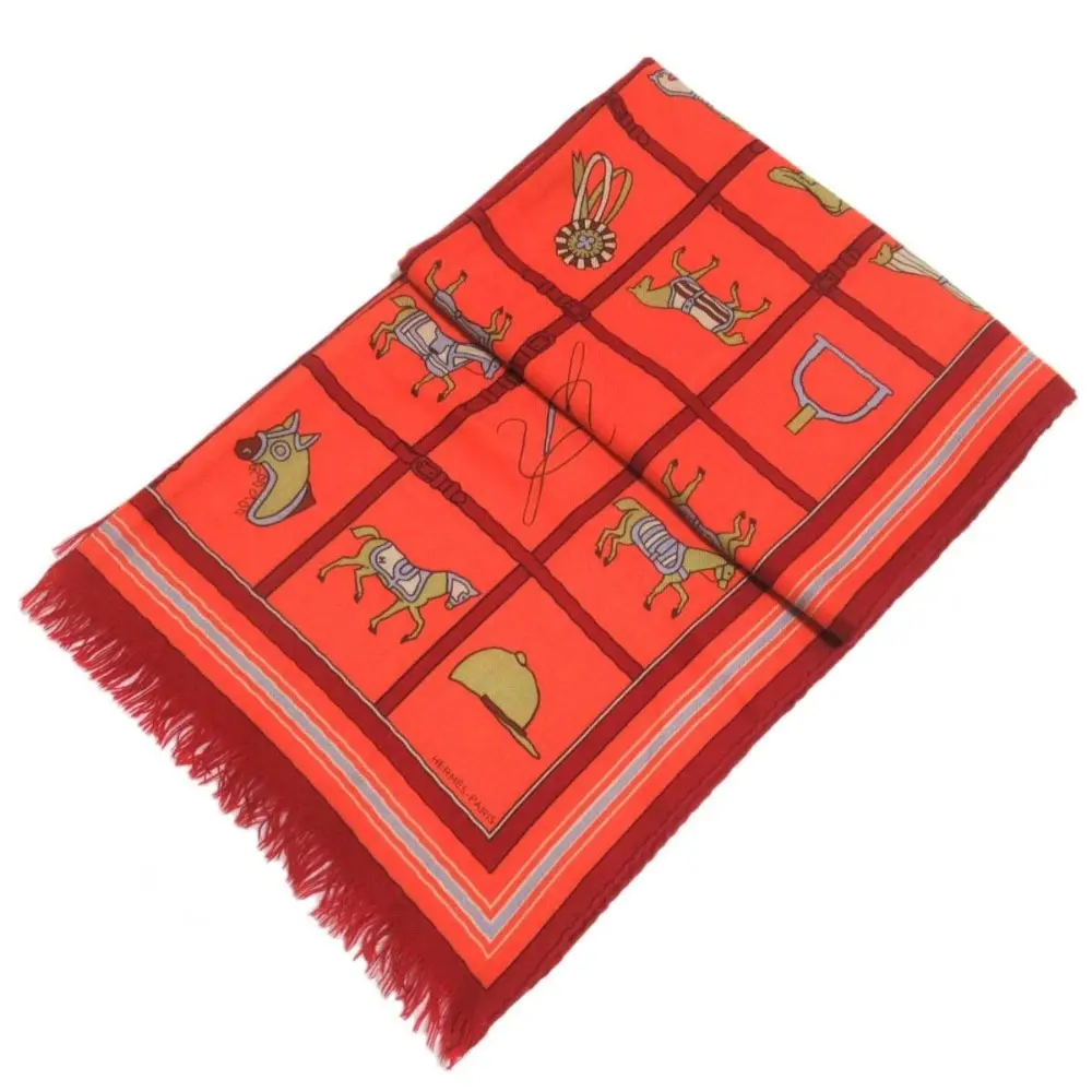 HERMES エルメス 馬具 格子柄 フリンジ 大判 ストール スカーフ マフラー オレンジ系