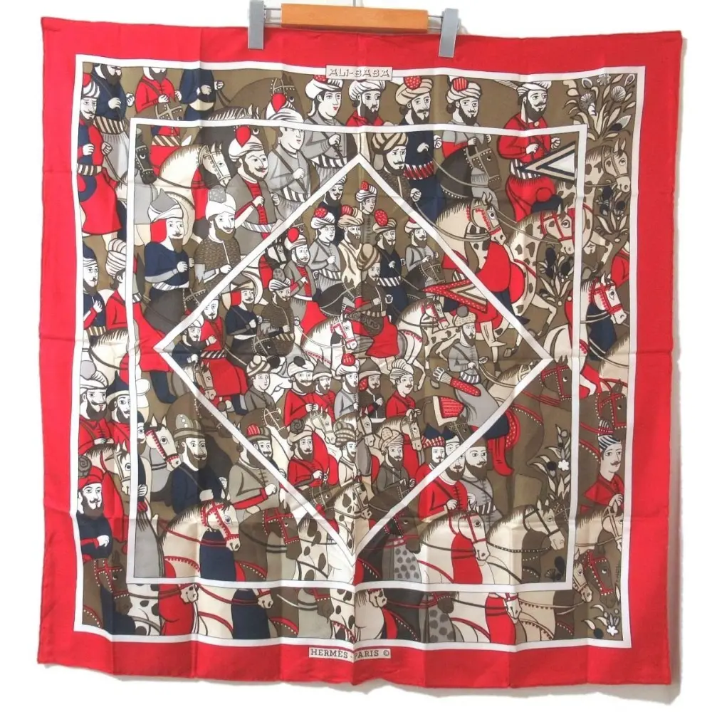 HERMES エルメス シルク100% ALI-BABA アリババ カレ90 大判スカーフ レッド系