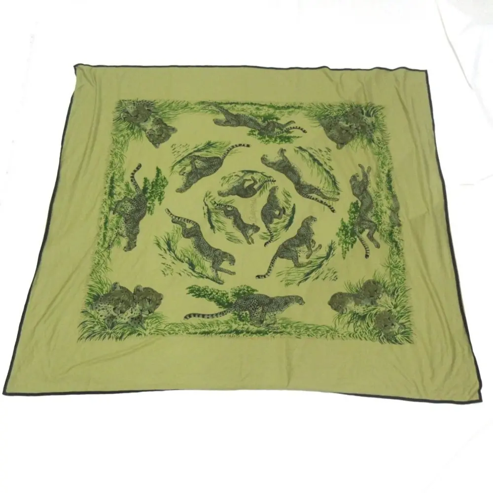 HERMES エルメス コットンジャージー Guepard チーター柄 大判 ストール スカーフ カーキ系