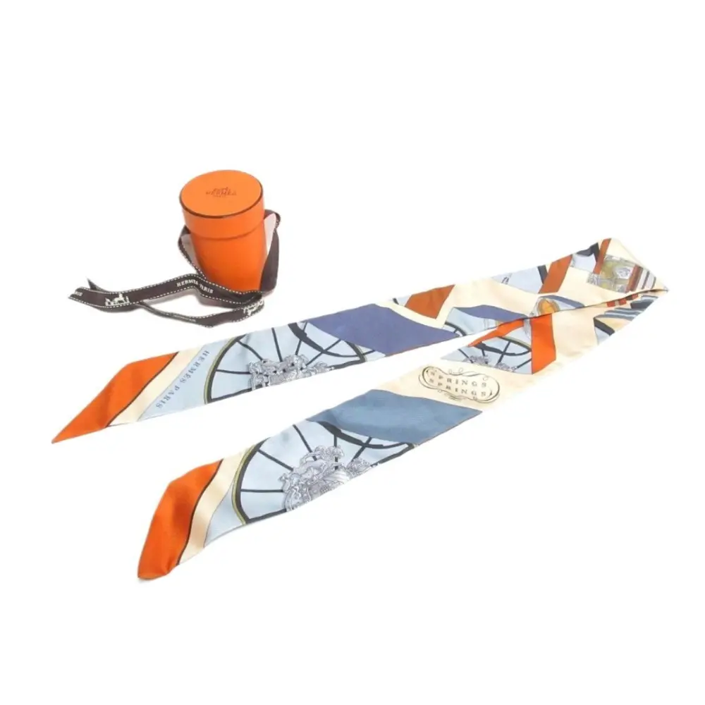 HERMES エルメス Springs Springs Bague スプリングススプリングス シルク100％ ツイリースカーフ オレンジ マルチ