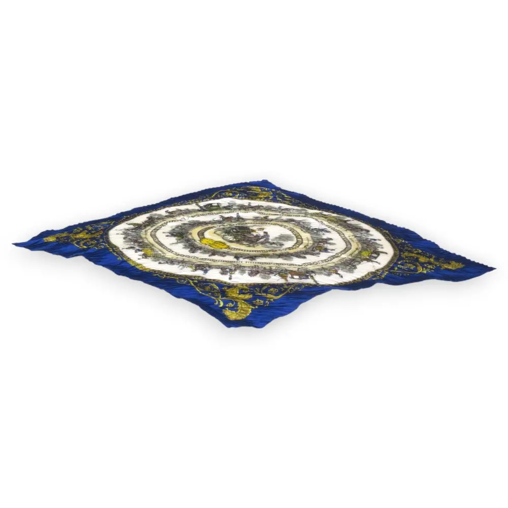 HERMES エルメス プリーツカレ90 LA PROMENADE DE LONGCHAMPS ロンシャンへの散歩 シルク プリーツスカーフ ブルー ホワイト系