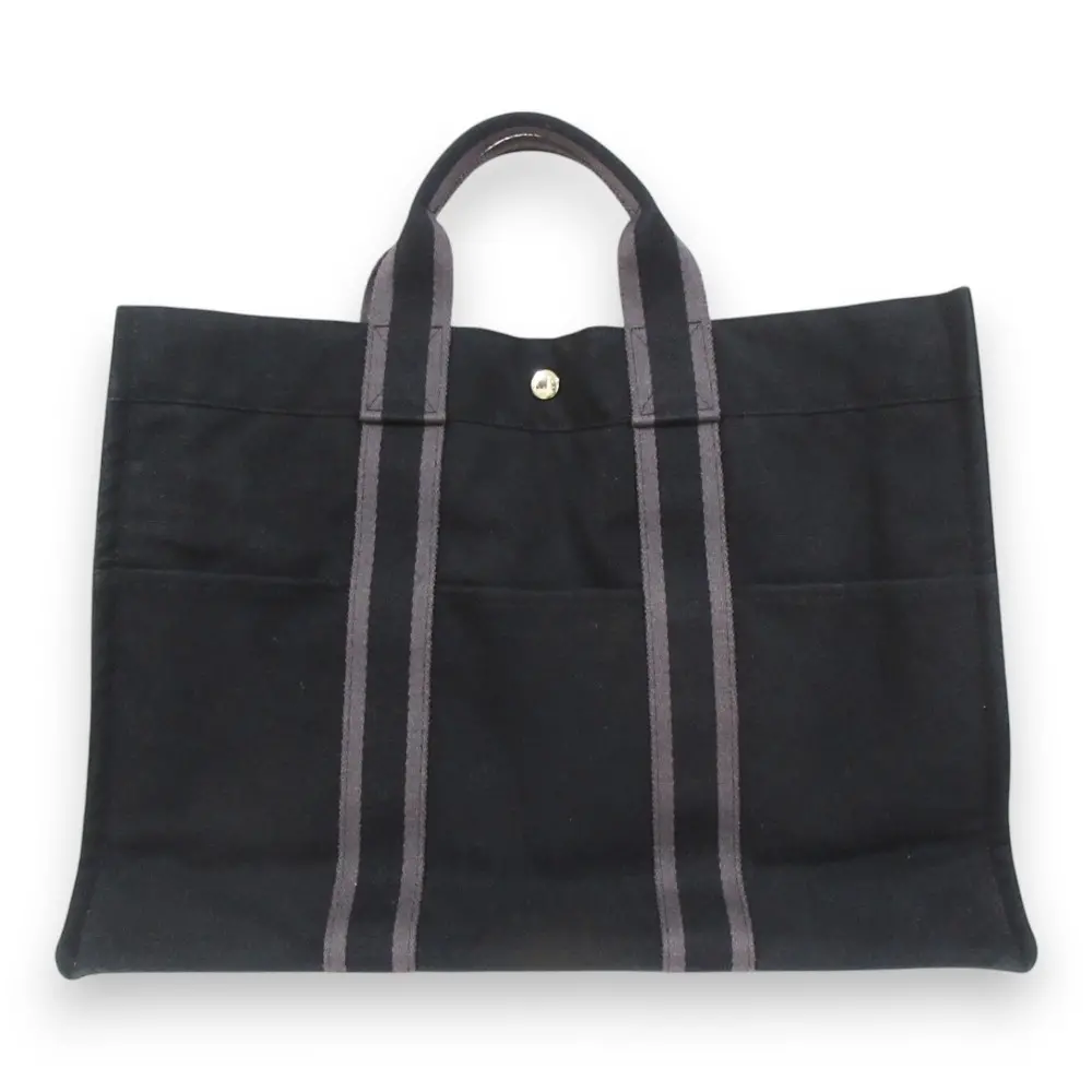 HERMES エルメス フールトゥ MM コットンキャンバス トートバッグ ハンドバッグ ブラック×グレー