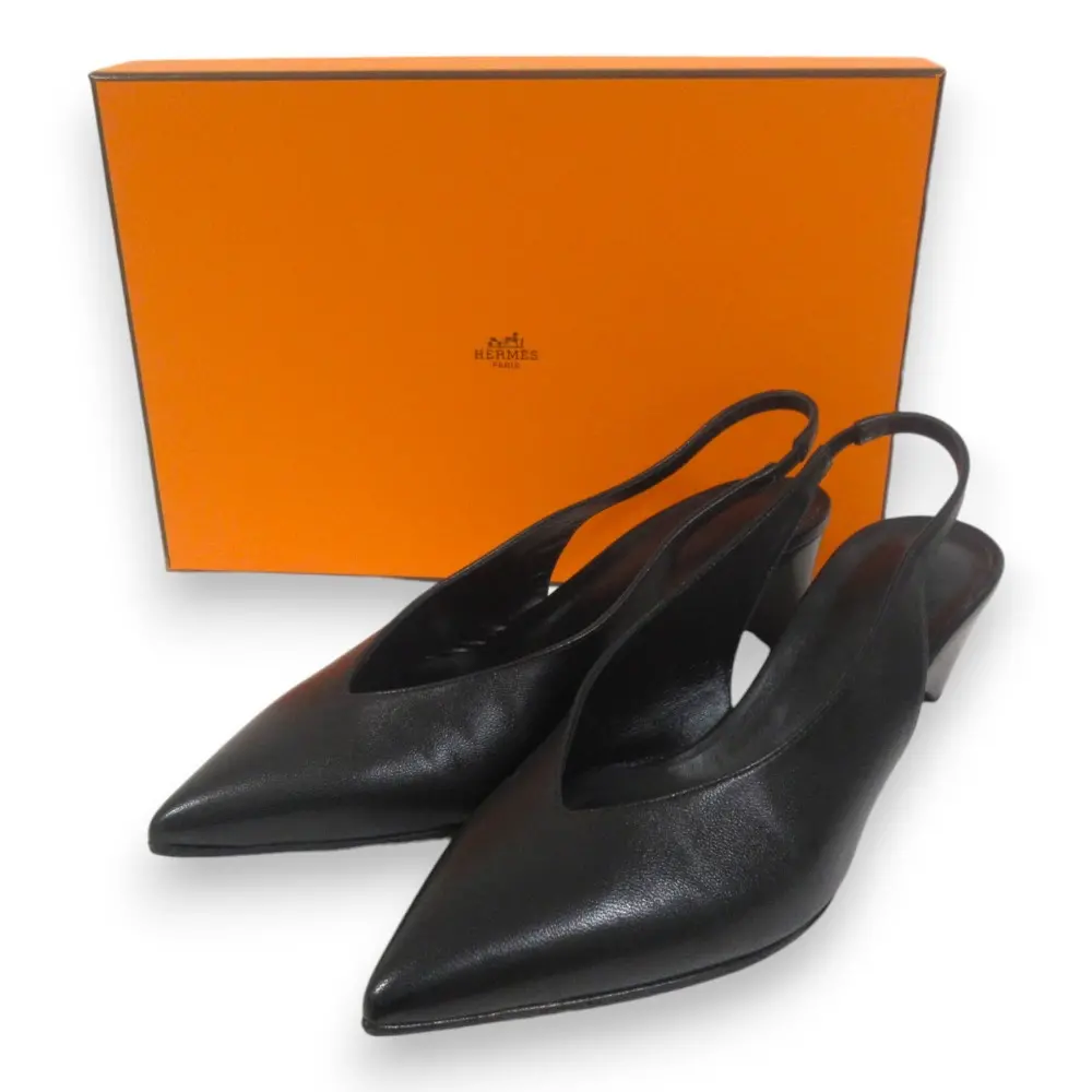 HERMES エルメス 現行モデル アンティム55 レザー スリングバック ポインテッドトゥ パンプス 38 約24.5cm ブラック