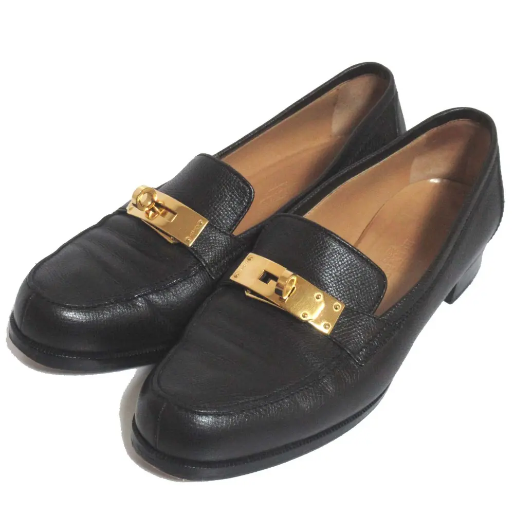 HERMES エルメス レザー ケリーローファー モカシン シューズ 37サイズ 24cm相当 ブラック×ゴールド金具