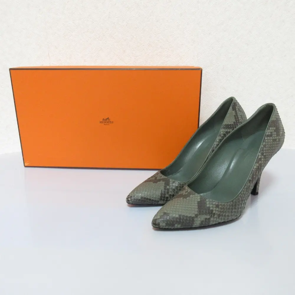 HERMES エルメス パイソンレザー ポインテッドトゥ パンプス 36 23cm相当 グリーン