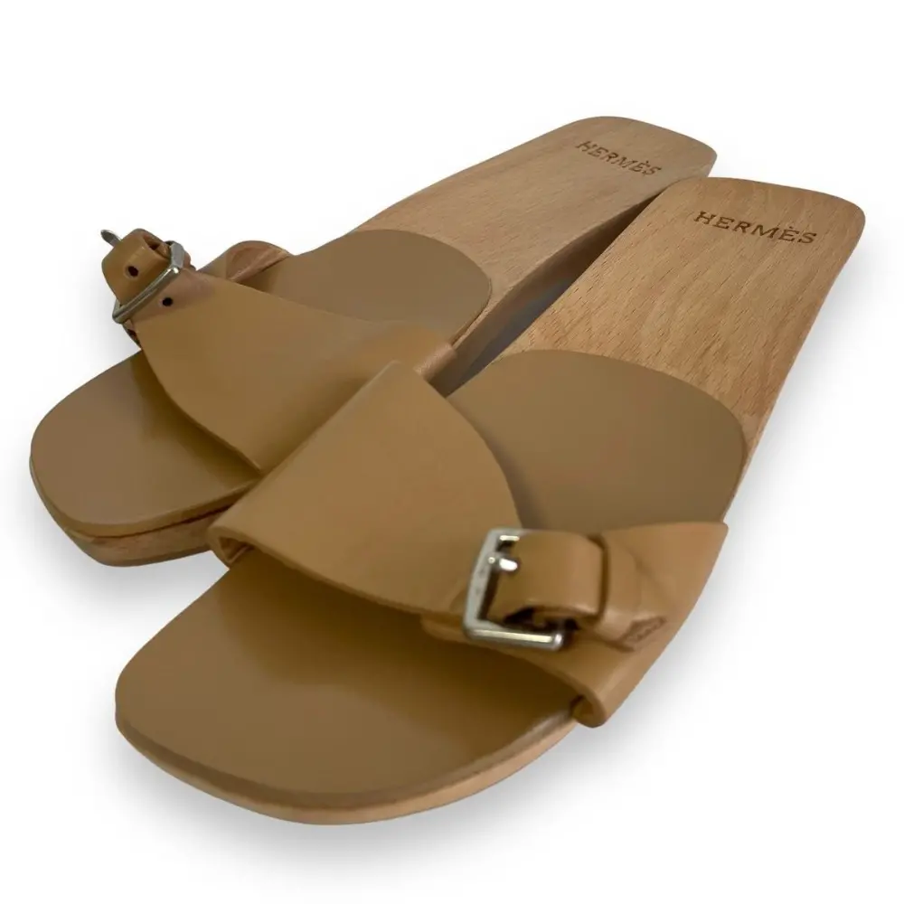 HERMES エルメス レザー ウッドサンダル 36 約23cm ブラウンベージュ