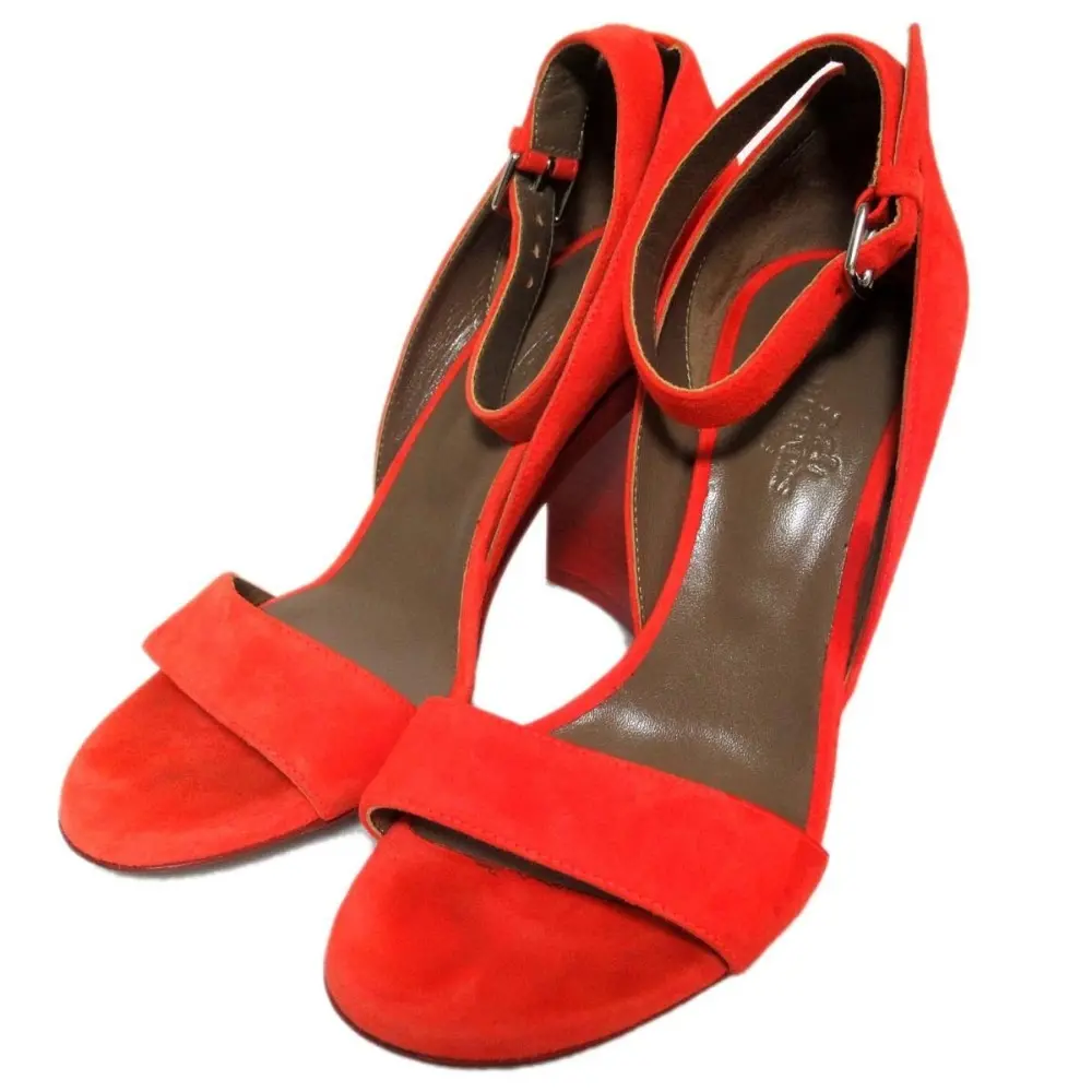 HERMES エルメス スエード レザー チャンキーヒール アンクルストラップ サンダル 35サイズ 22cm相当 オレンジ